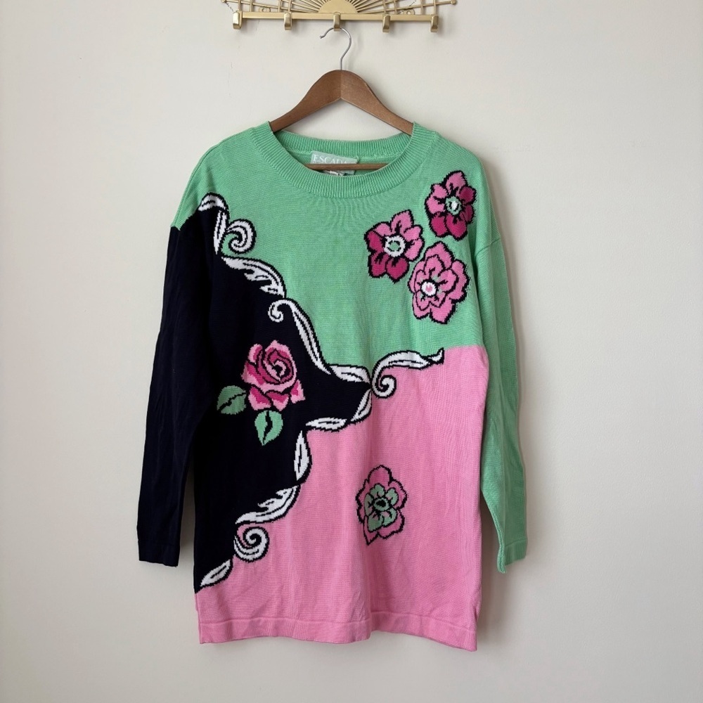 Escada Vintage 80's Colorblock Floral Oversized Pullover Sweater Sz 40 Medium - Picture 8 of 8